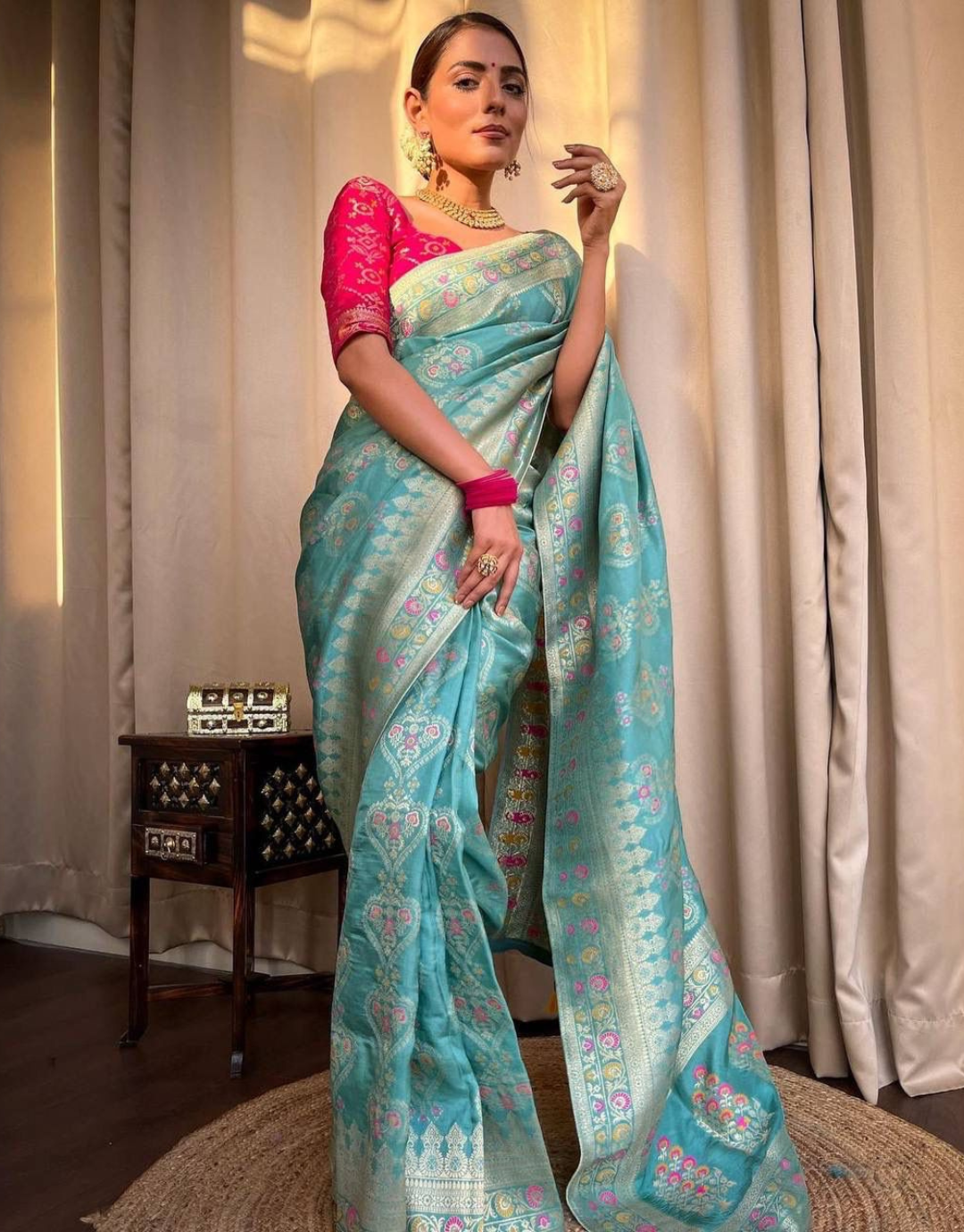 Tisha Sky Blue Soft Banarasi Saree With Attached Blouse