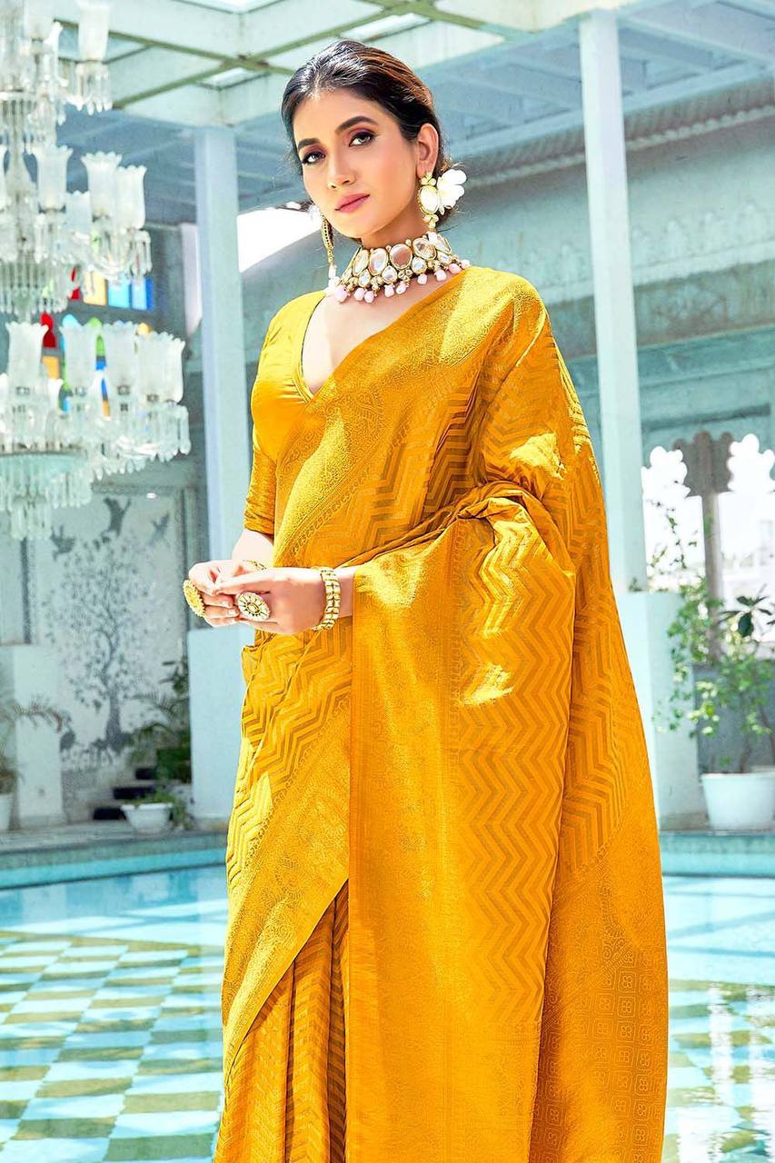 Dandelion Yellow Lichi Silk Zar Saree Weaving