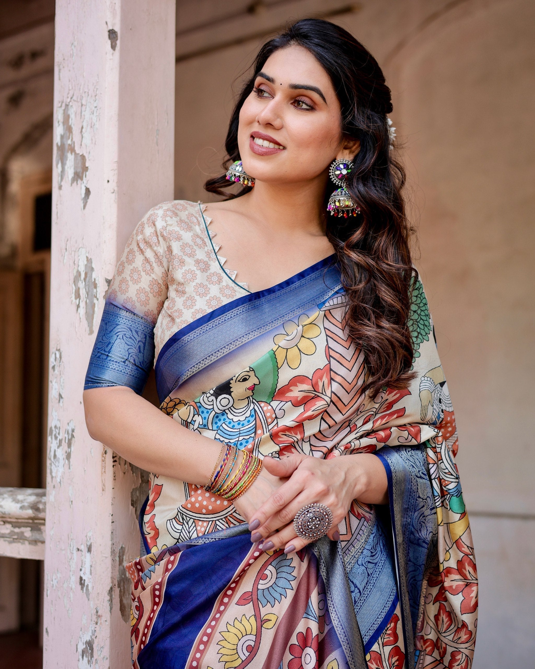 Cream With Blue Floral Printed Cotton Silk Saree