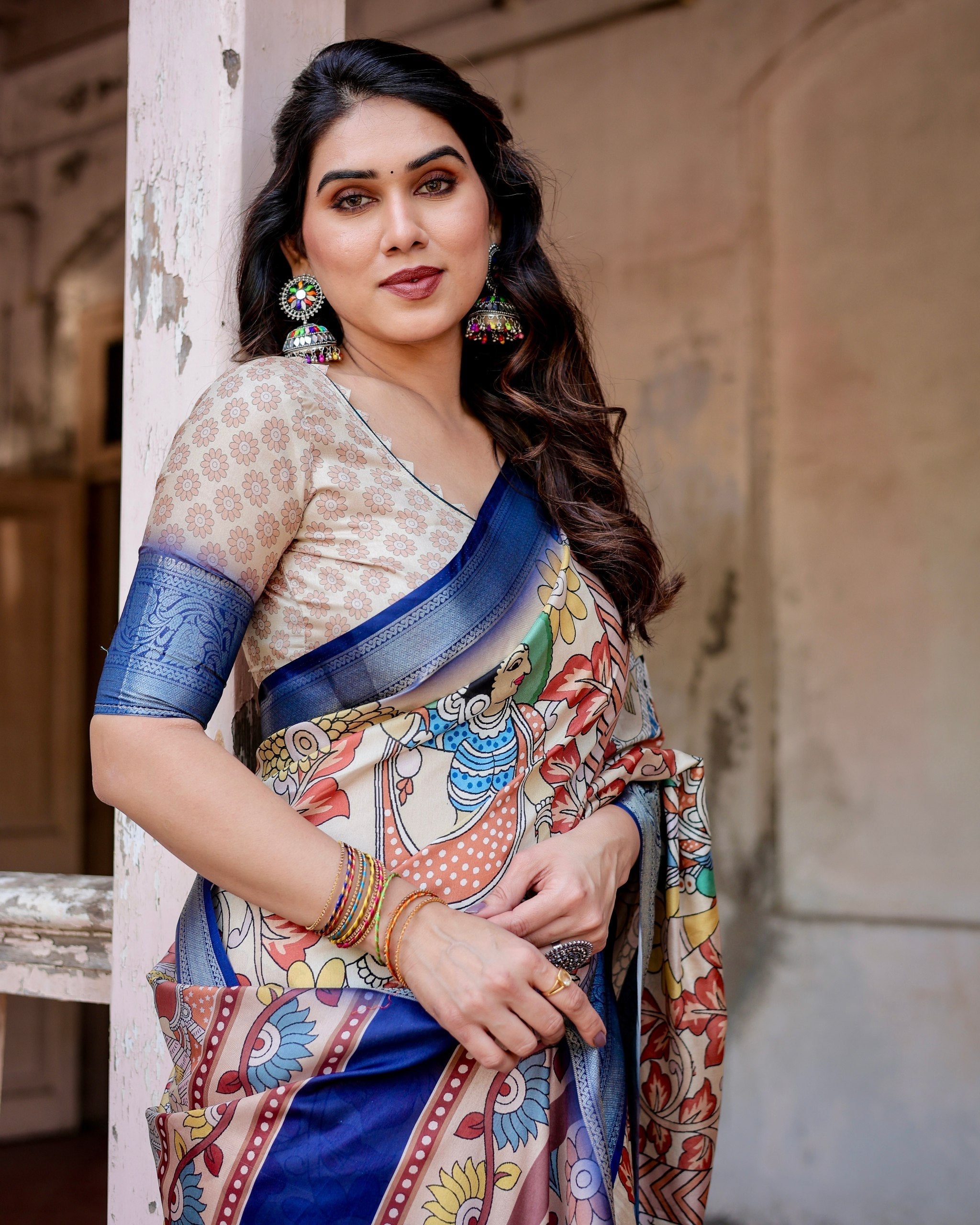 Cream With Blue Floral Printed Cotton Silk Saree