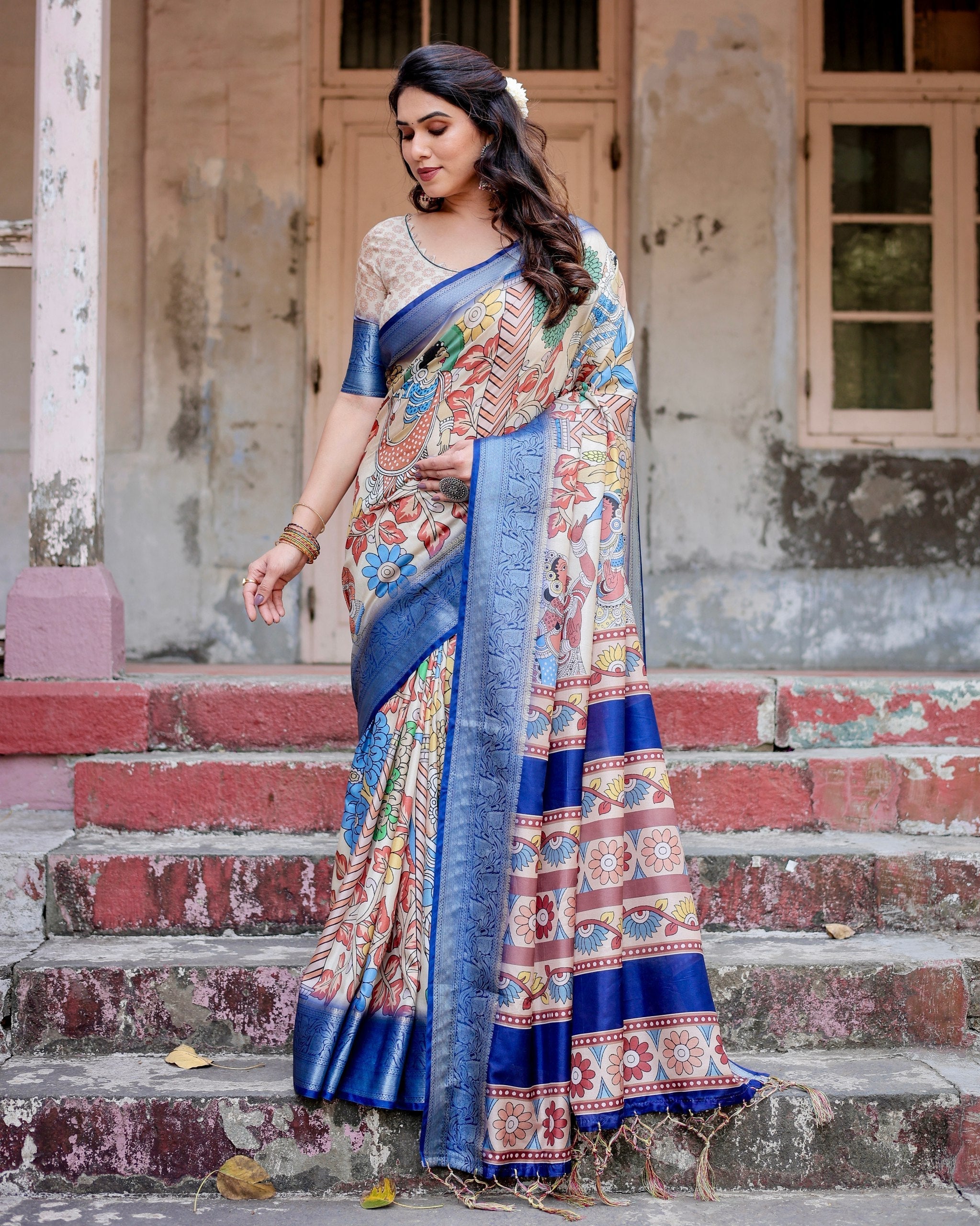 Cream With Blue Floral Printed Cotton Silk Saree