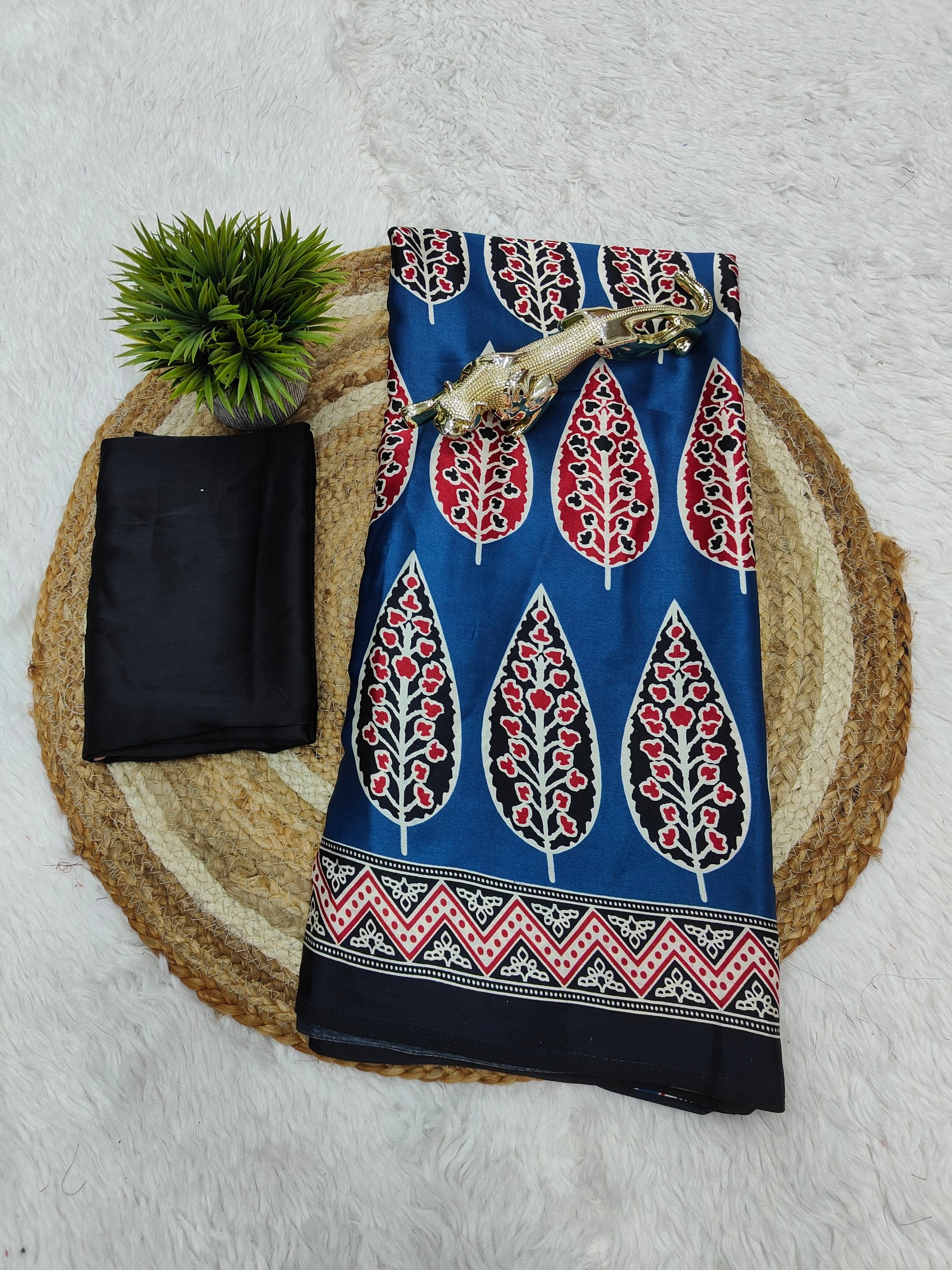 Indigo Royale Mal Mal Silk Saree with Ajrakh Inspired Leaf Motif Elegance