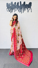 Graceful Ivory & Crimson Red Traditional Printed Saree with Rich Ethnic Pallu
