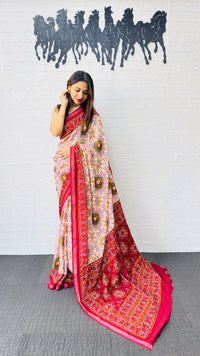 Graceful Ivory & Crimson Red Traditional Printed Saree with Rich Ethnic Pallu