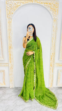 Luxury Lime Green Linen Saree with Textured Micro Prints & Elegant Scalloped Lace Border