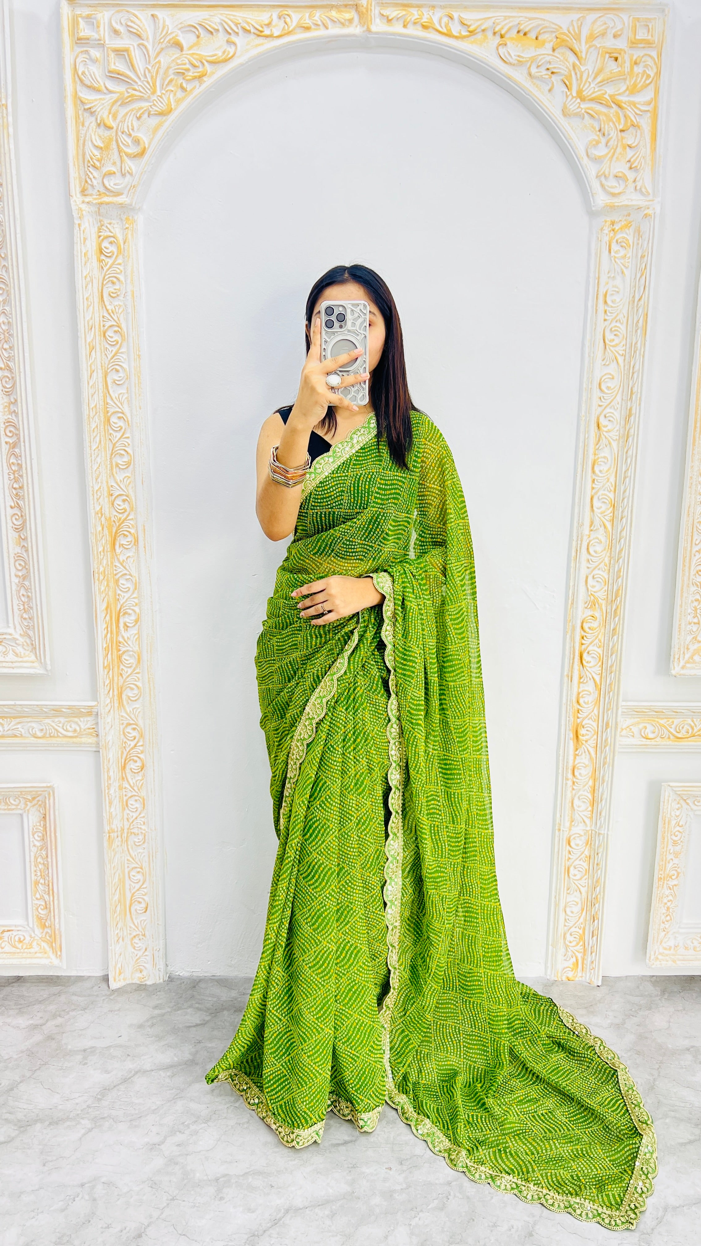 Luxury Lime Green Linen Saree with Textured Micro Prints & Elegant Scalloped Lace Border