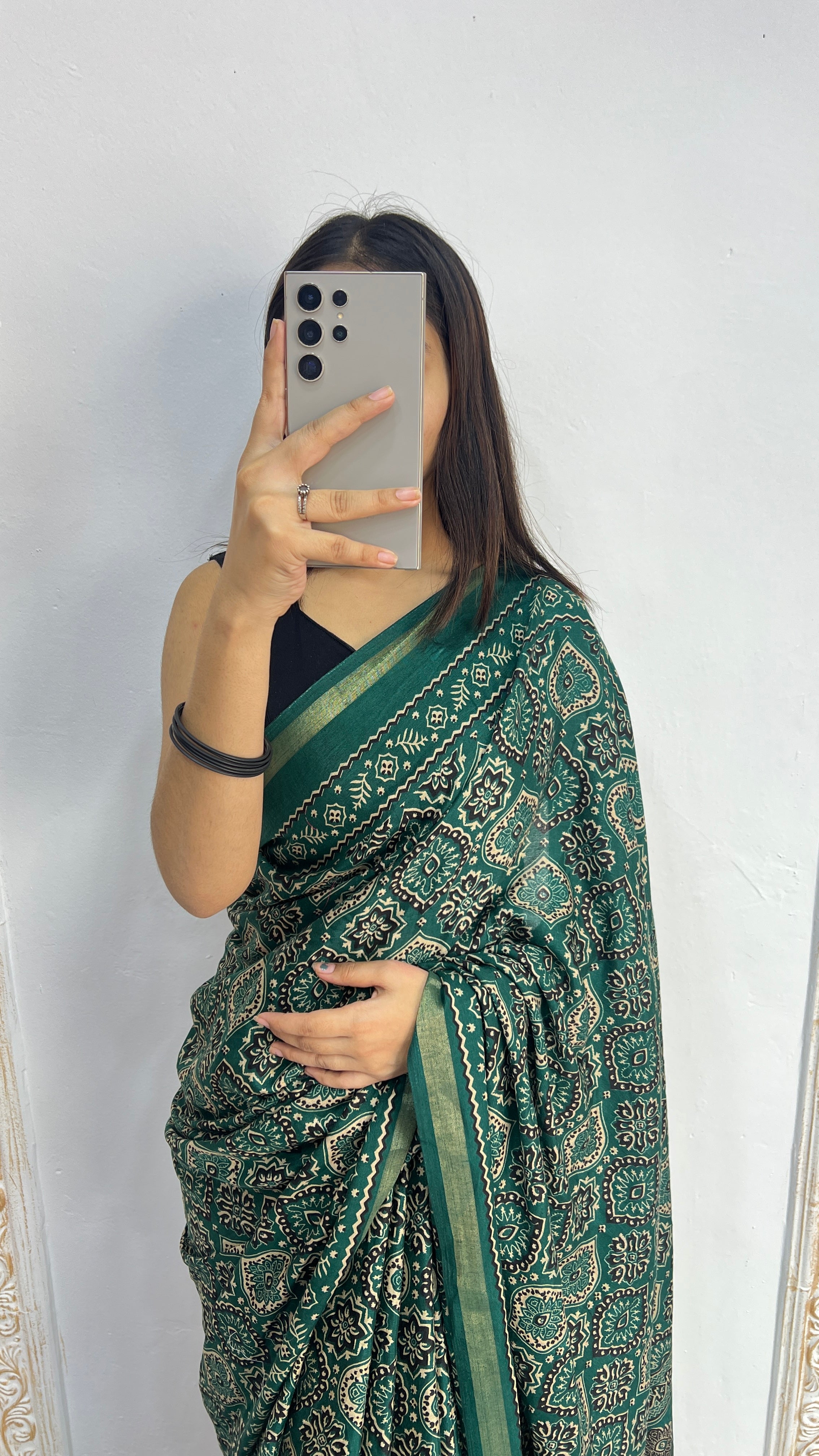 Luxury Emerald Green Ajrakh-Inspired Printed Saree with Intricate Heritage Motifs & Grand Designer Pallu