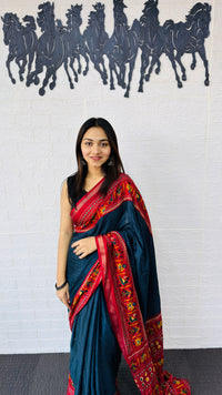 Elegant Teal Blue Designer Saree with Vibrant Red Folk Art Pallu