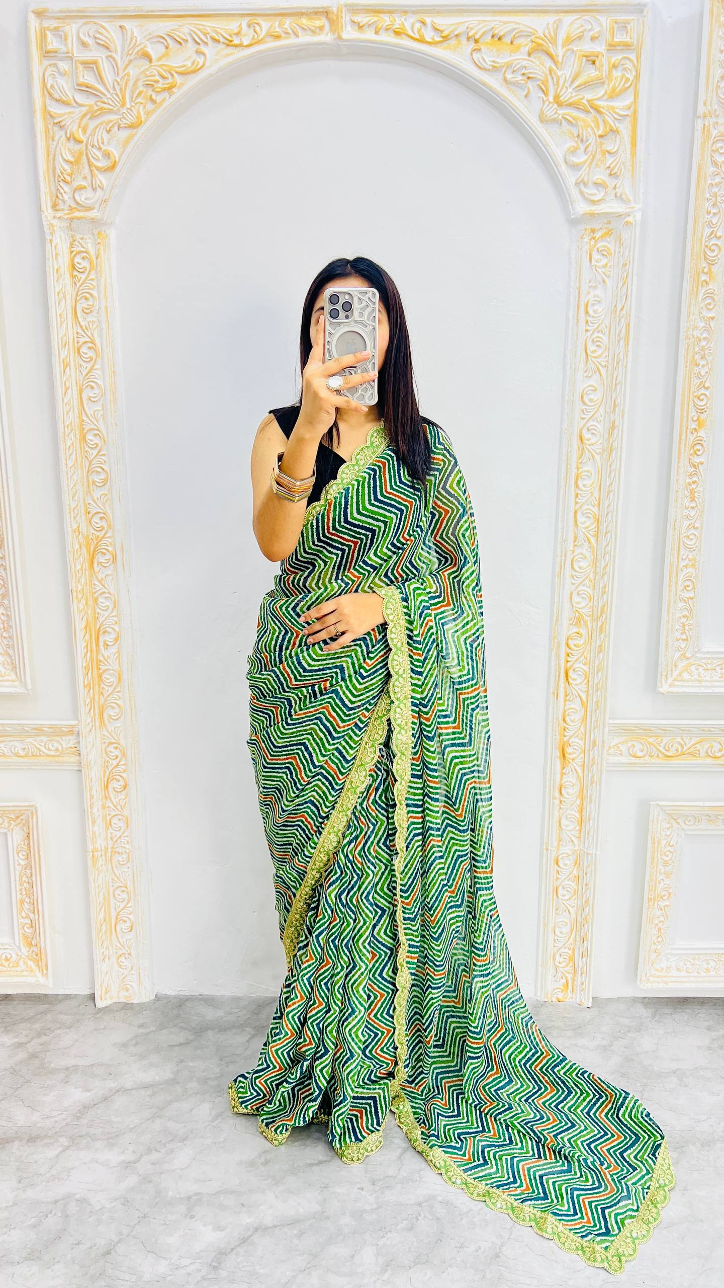 Elegant Bottle Green Zigzag Print Designer Saree with Scalloped Lace Border