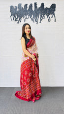 Graceful Ivory & Crimson Red Traditional Printed Saree with Rich Ethnic Pallu