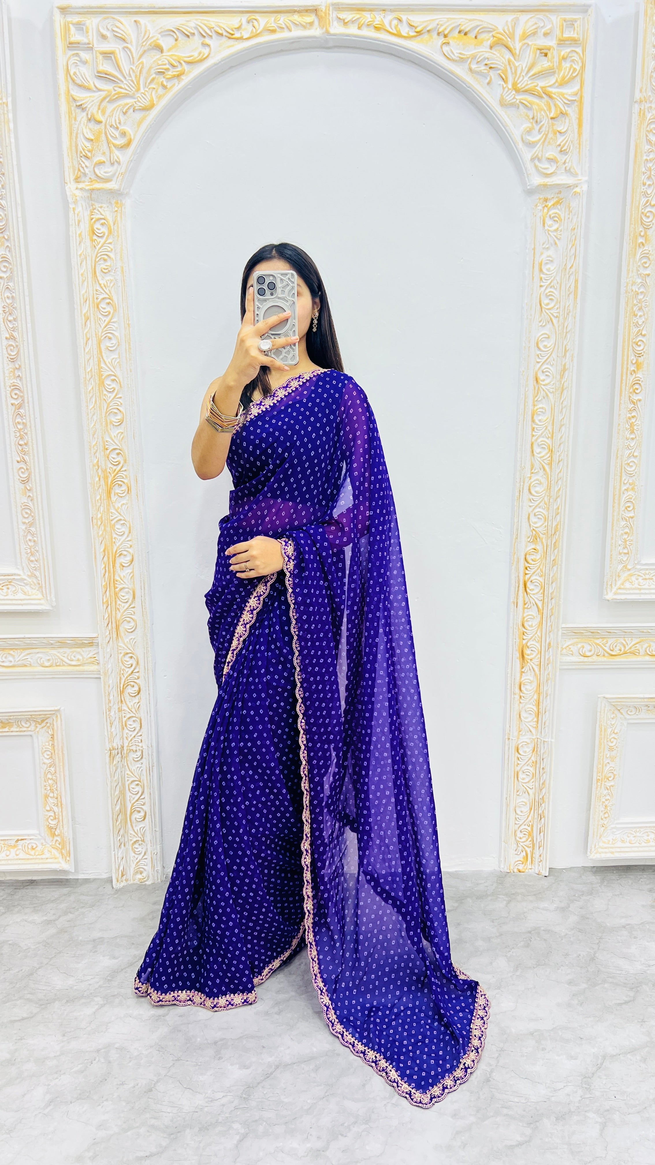 Luxury Royal Blue Bandhani Printed Saree with Elegant Scalloped Border & Graceful Festive Appeal