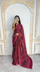 Luxury Rani Pink Ajrakh-Inspired Printed Saree with Intricate Heritage Motifs & Grand Designer Pallu