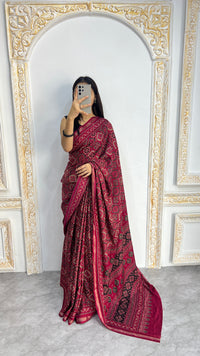 Luxury Rani Pink Ajrakh-Inspired Printed Saree with Intricate Heritage Motifs & Grand Designer Pallu