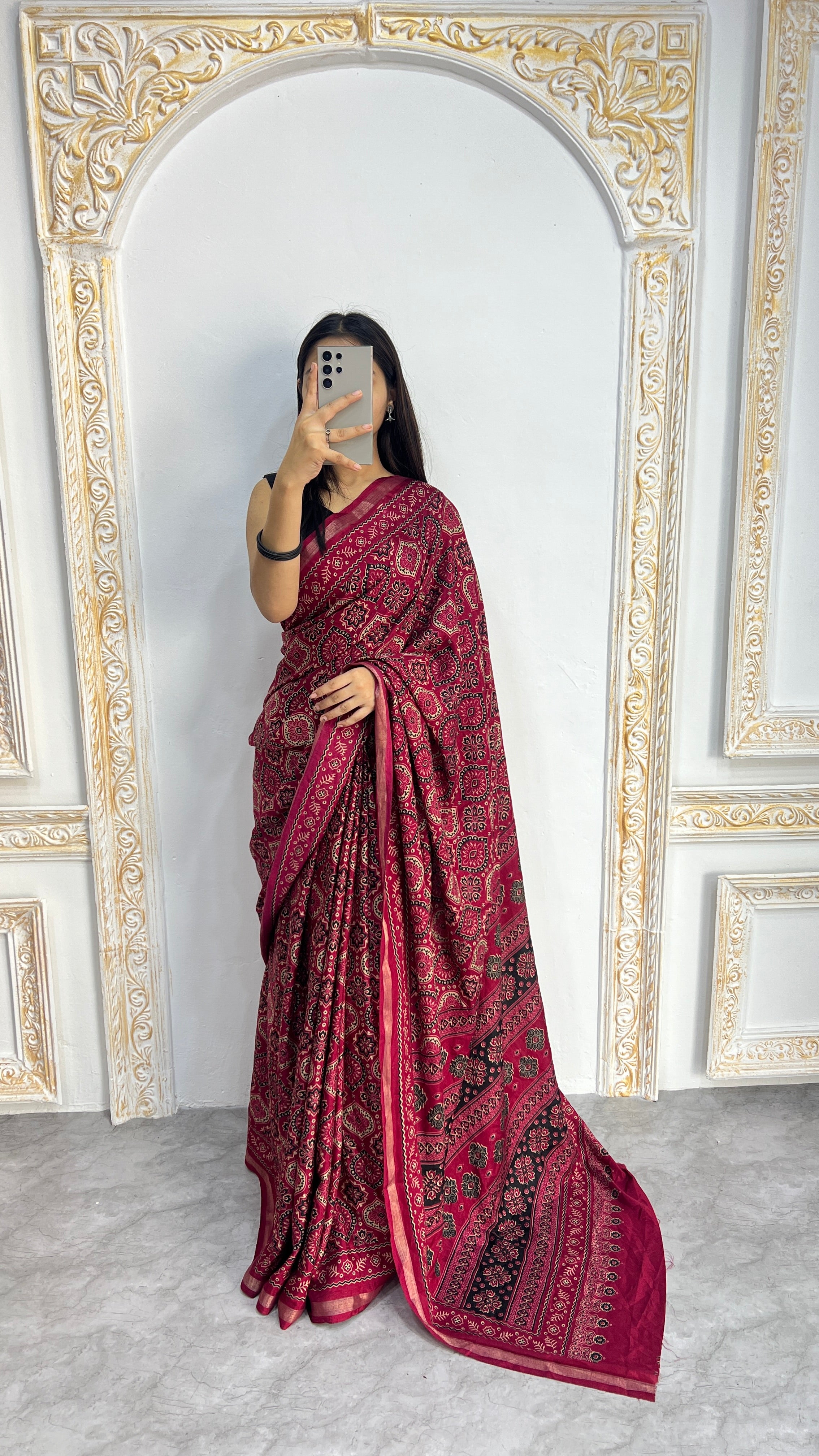 Luxury Rani Pink Ajrakh-Inspired Printed Saree with Intricate Heritage Motifs & Grand Designer Pallu