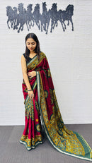 Traditional Ruby Red Designer Saree with Deep Green Heritage Border