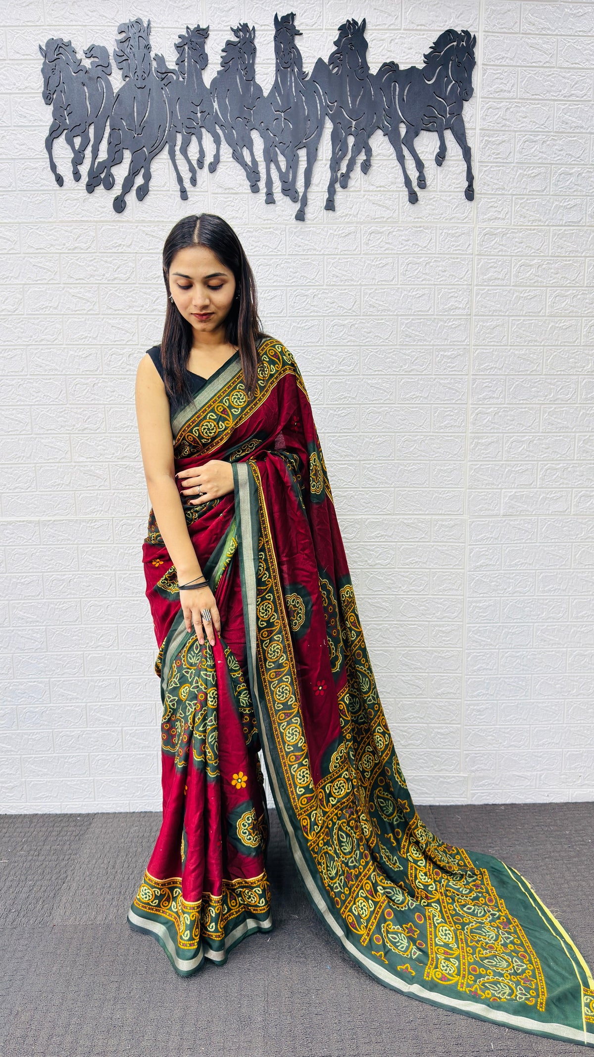 Traditional Ruby Red Designer Saree with Deep Green Heritage Border