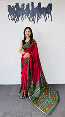 Royal Red Designer Saree with Deep Green Folk Heritage Pallu