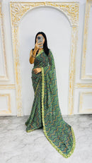 Elegant Bottle Green Zigzag Print Designer Saree with Scalloped Lace Border