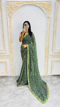 Elegant Bottle Green Zigzag Print Designer Saree with Scalloped Lace Border