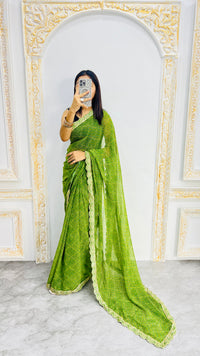 Luxury Lime Green Linen Saree with Textured Micro Prints & Elegant Scalloped Lace Border