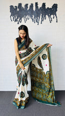 Elegant Ivory & Deep Green Traditional Printed Saree with Artistic Ethnic Pallu