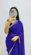 Luxury Royal Blue Bandhani Printed Saree with Elegant Scalloped Border & Graceful Festive Appeal