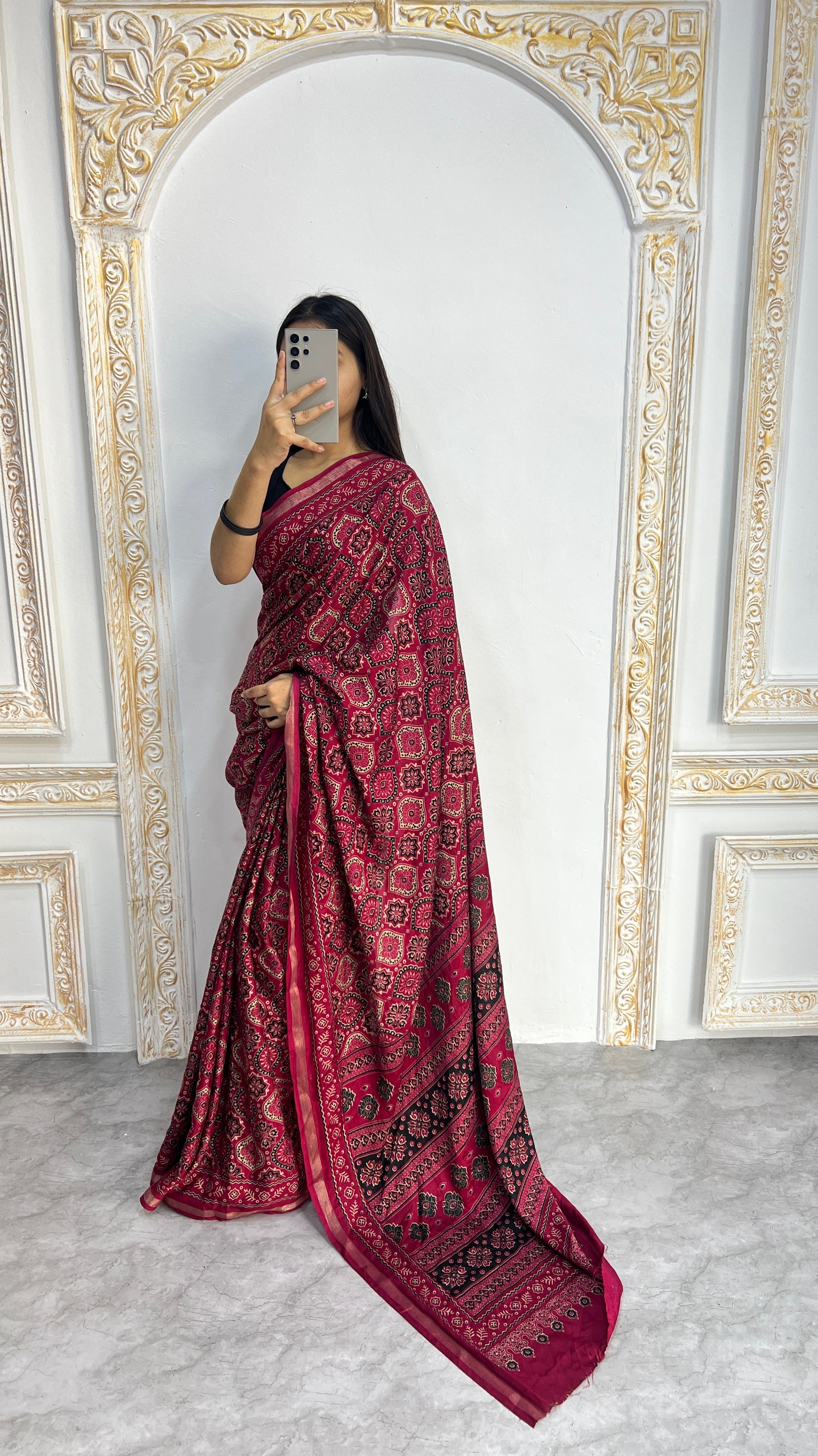 Luxury Rani Pink Ajrakh-Inspired Printed Saree with Intricate Heritage Motifs & Grand Designer Pallu