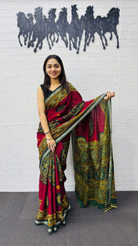 Traditional Ruby Red Designer Saree with Deep Green Heritage Border