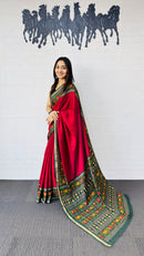 Royal Red Designer Saree with Deep Green Folk Heritage Pallu