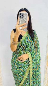 Elegant Bottle Green Zigzag Print Designer Saree with Scalloped Lace Border