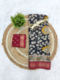 Noir Regal Mal Mal Silk Saree with Antique Gold Floral Zari & Crimson Border
