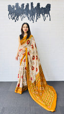 Radiant Ivory & Mustard Yellow Traditional Printed Saree with Rich Ethnic Pallu