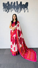 Elegant Ivory & Rani Pink Traditional Printed Saree with Statement Ethnic Pallu