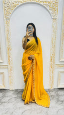 Luxury Mustard Yellow Bandhani Printed Saree with Elegant Scalloped Border & Festive Radiance