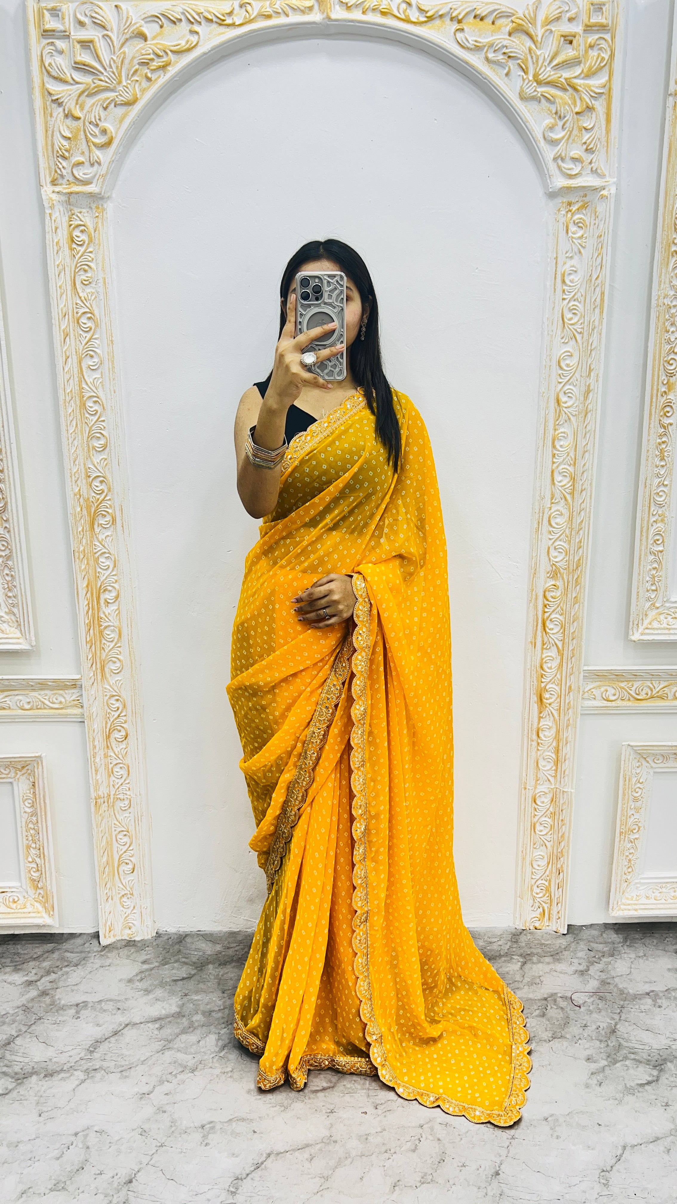 Luxury Mustard Yellow Bandhani Printed Saree with Elegant Scalloped Border & Festive Radiance