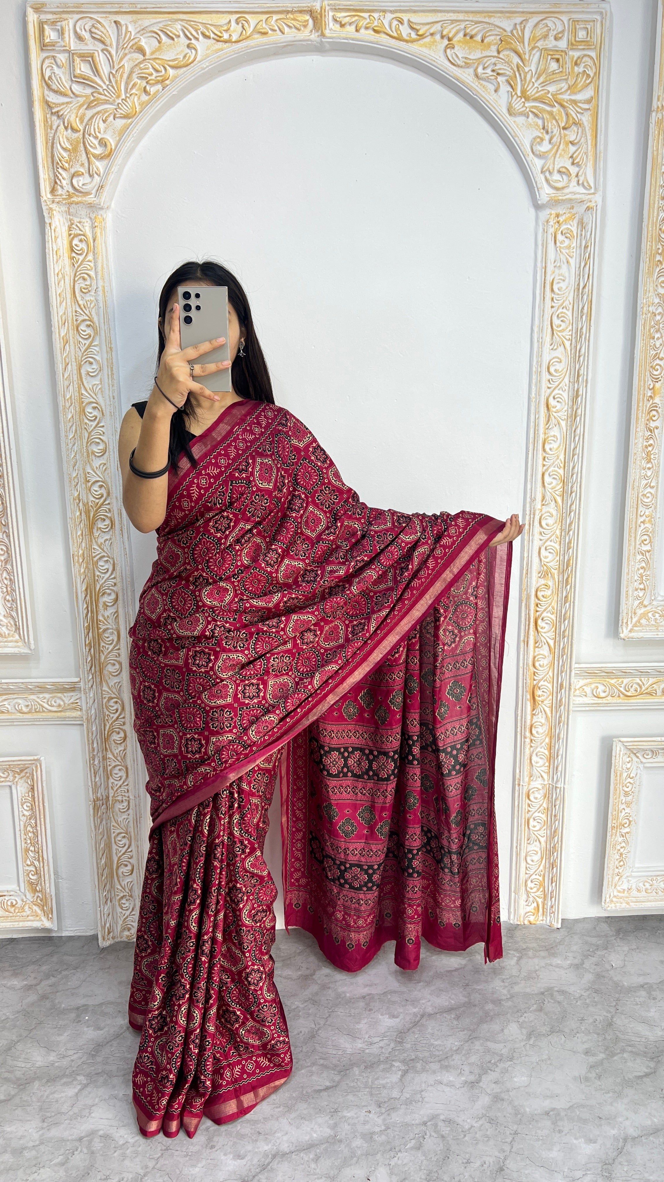 Luxury Rani Pink Ajrakh-Inspired Printed Saree with Intricate Heritage Motifs & Grand Designer Pallu