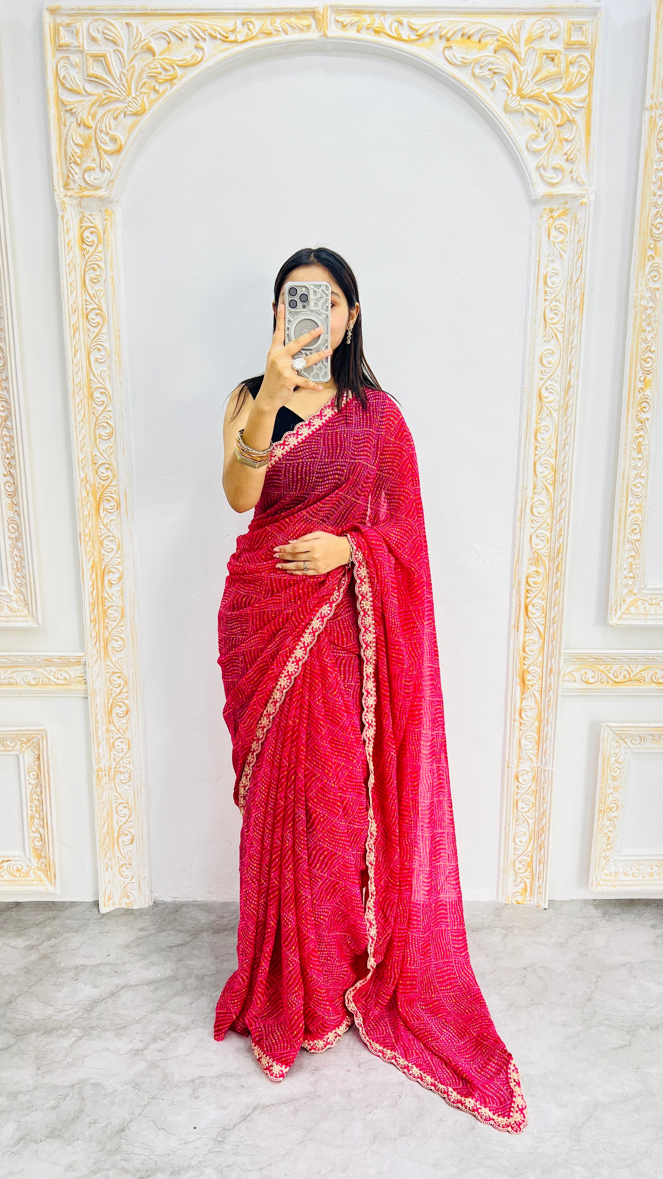 Luxury Rani Pink Linen Saree with Textured Micro Prints & Elegant Scalloped Lace Border