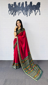 Royal Red Designer Saree with Deep Green Folk Heritage Pallu