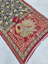 Noir Regal Mal Mal Silk Saree with Antique Gold Floral Zari & Crimson Border