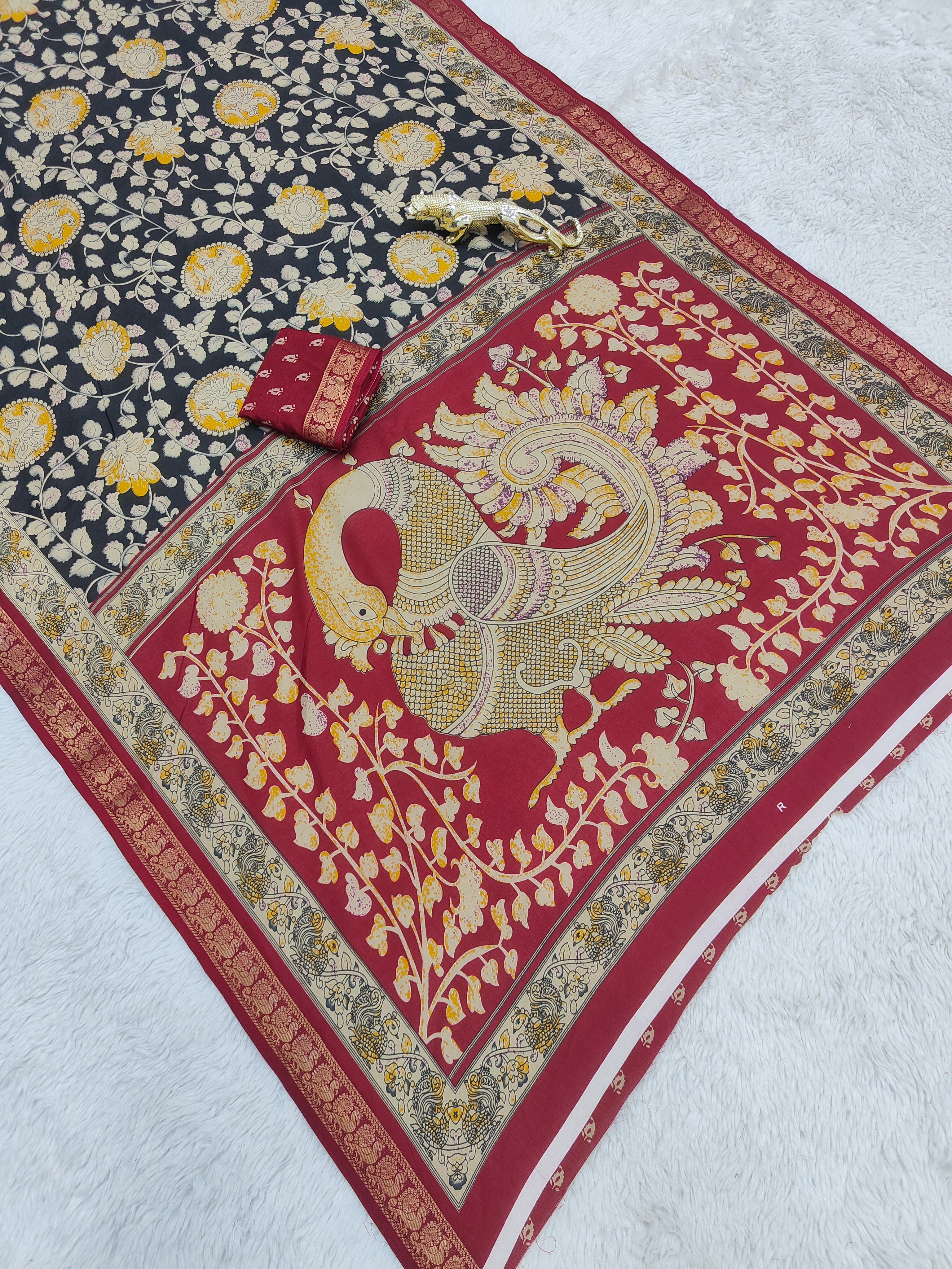 Noir Regal Mal Mal Silk Saree with Antique Gold Floral Zari & Crimson Border