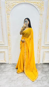 Luxury Mustard Yellow Bandhani Printed Saree with Elegant Scalloped Border & Festive Radiance