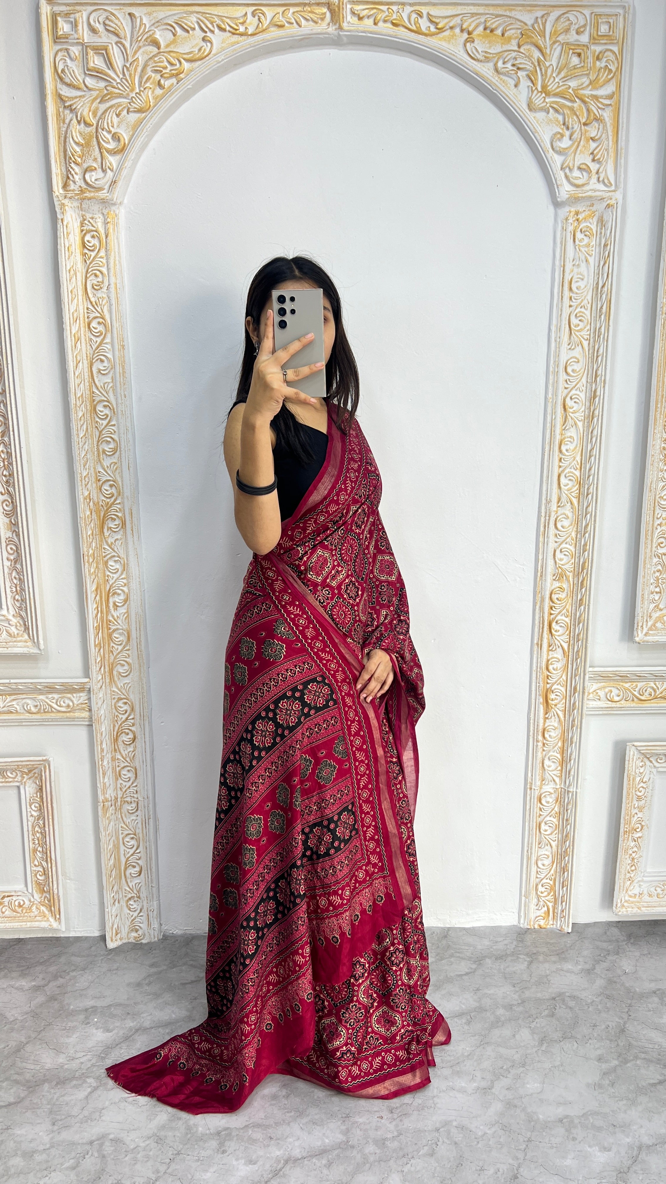 Luxury Rani Pink Ajrakh-Inspired Printed Saree with Intricate Heritage Motifs & Grand Designer Pallu