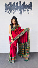 Royal Red Designer Saree with Deep Green Folk Heritage Pallu