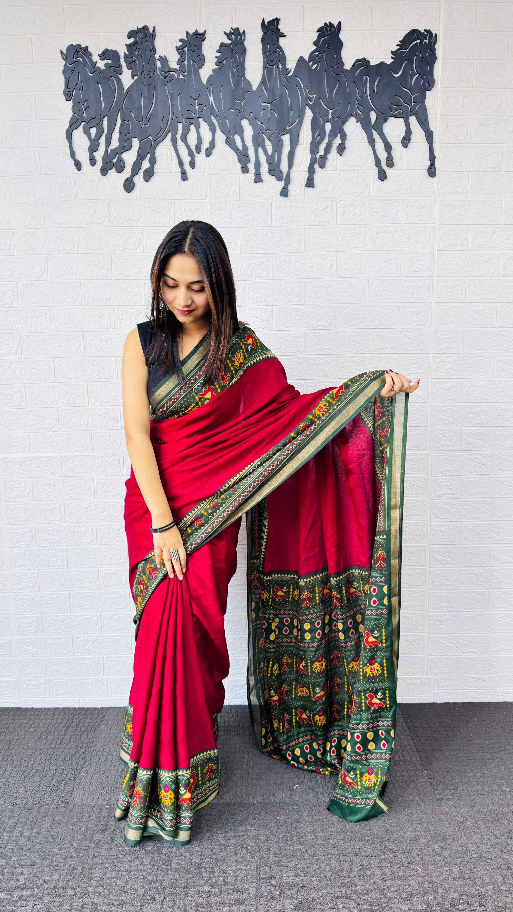 Royal Red Designer Saree with Deep Green Folk Heritage Pallu
