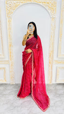 Luxury Rani Pink Linen Saree with Textured Micro Prints & Elegant Scalloped Lace Border
