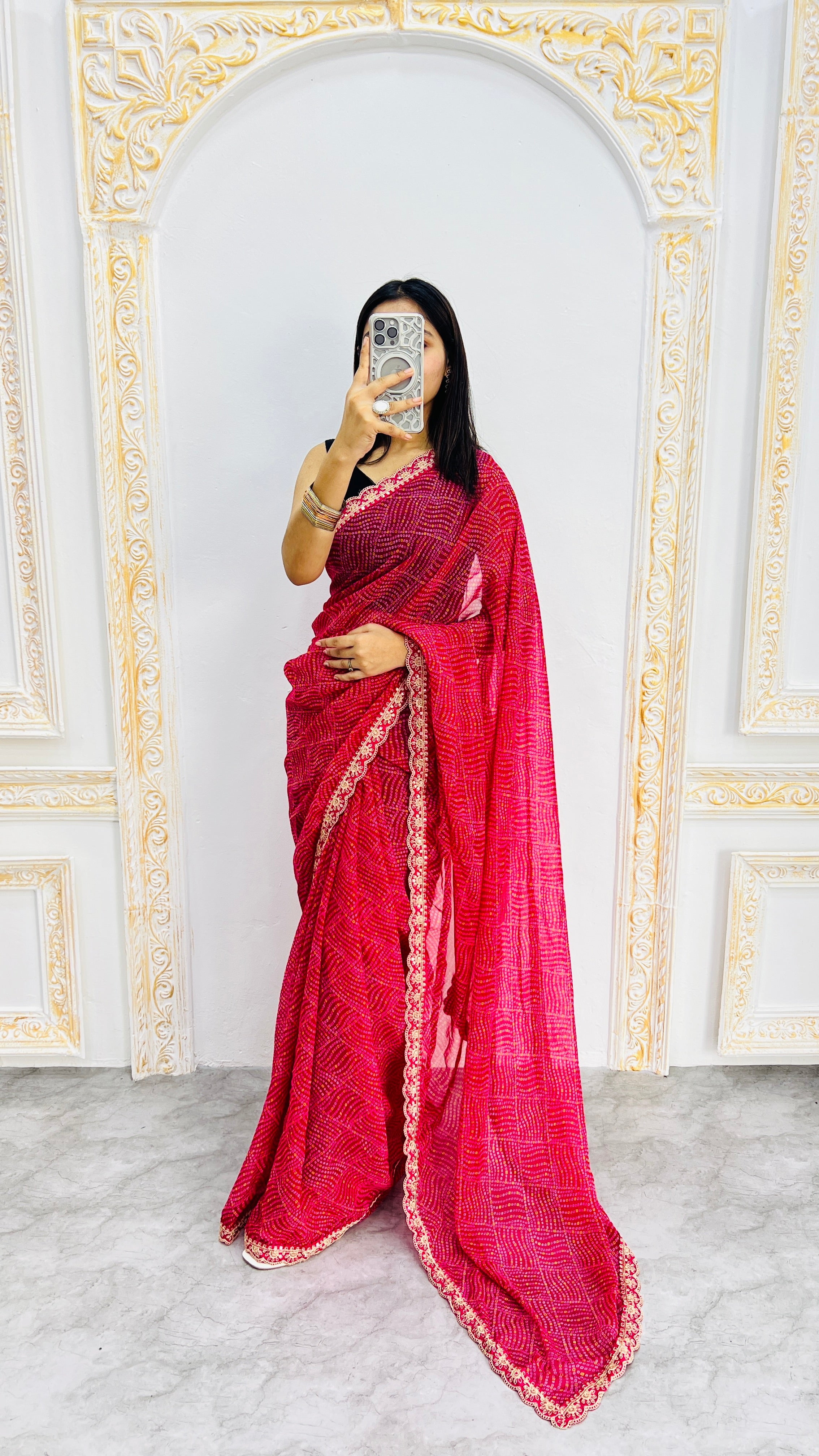 Luxury Rani Pink Linen Saree with Textured Micro Prints & Elegant Scalloped Lace Border