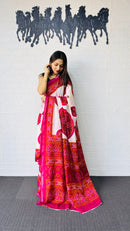 Elegant Ivory & Rani Pink Traditional Printed Saree with Statement Ethnic Pallu