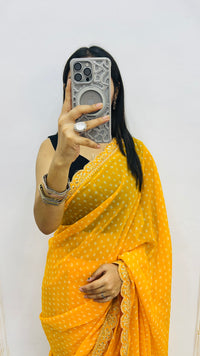 Luxury Mustard Yellow Bandhani Printed Saree with Elegant Scalloped Border & Festive Radiance