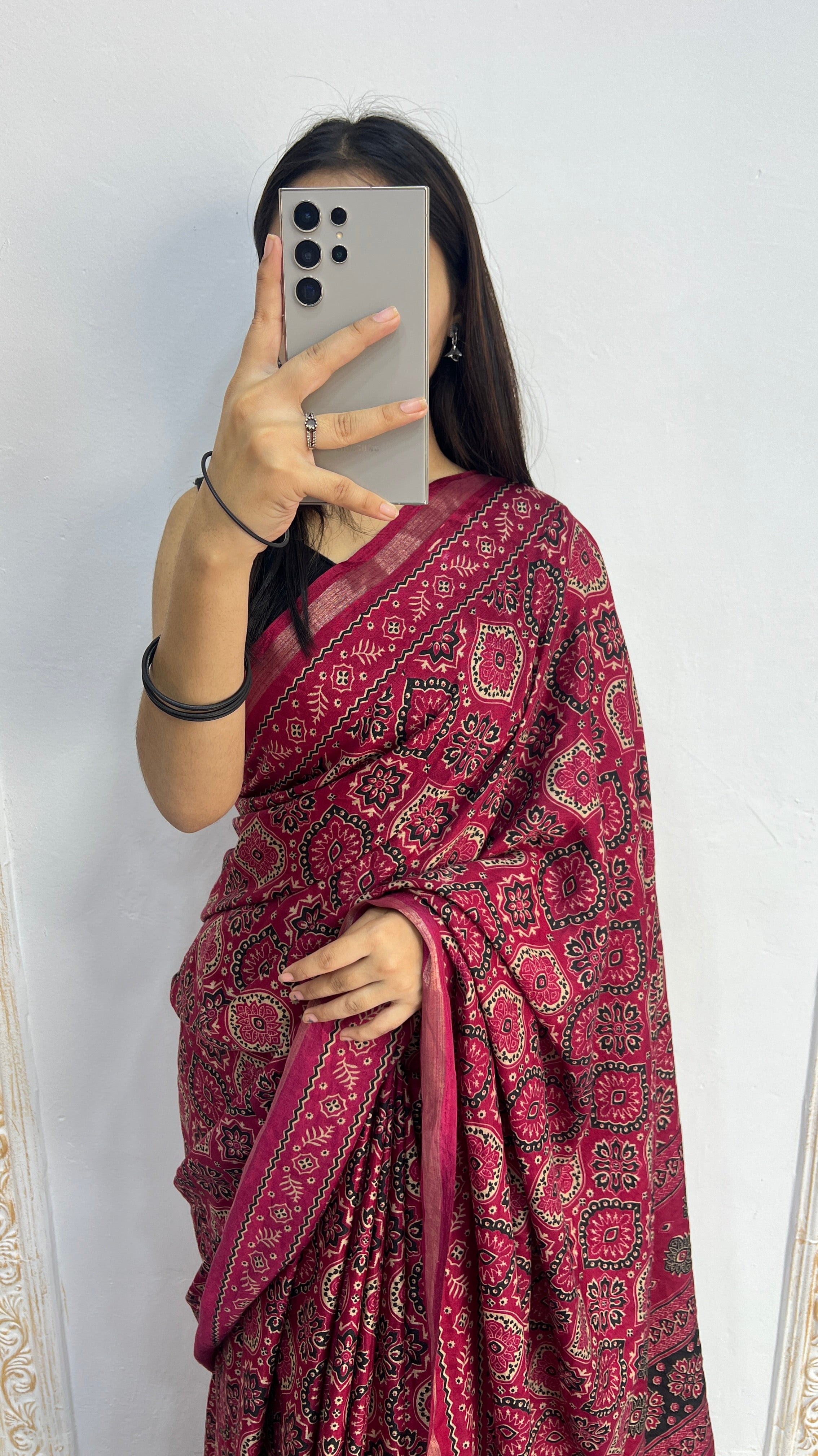 Luxury Rani Pink Ajrakh-Inspired Printed Saree with Intricate Heritage Motifs & Grand Designer Pallu