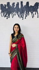 Royal Red Designer Saree with Deep Green Folk Heritage Pallu